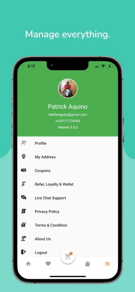 Deliverya - User profile and account management screen for the Deliverya app showing settings and support options