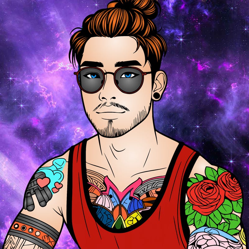 young attractive asian man with a man-bun, glasses, and tattoo's