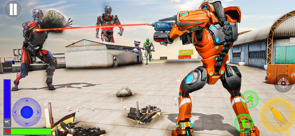 Robot Car Transform Wars Games - An orange battle robot fires a laser at enemy robots in an industrial rooftop arena