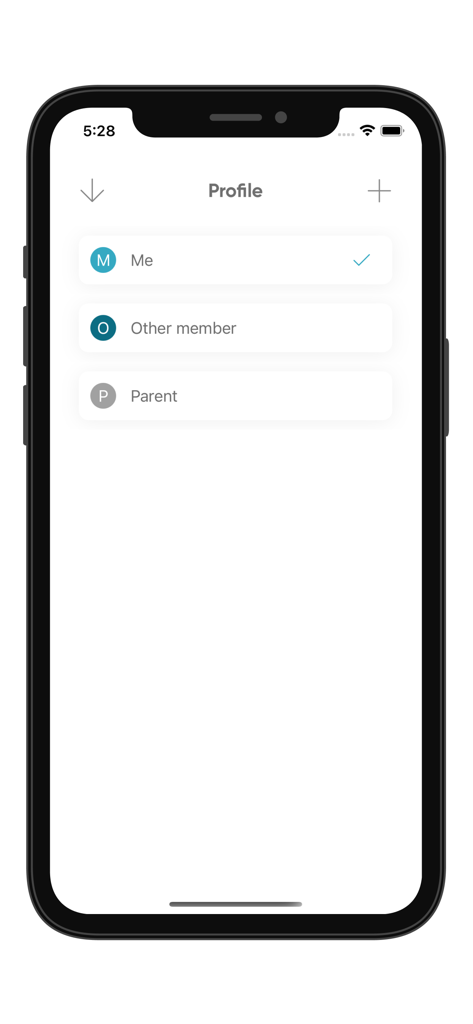 Profile management screen in the Blood Oxygen Level Analyzer app showing multiple user accounts for family tracking