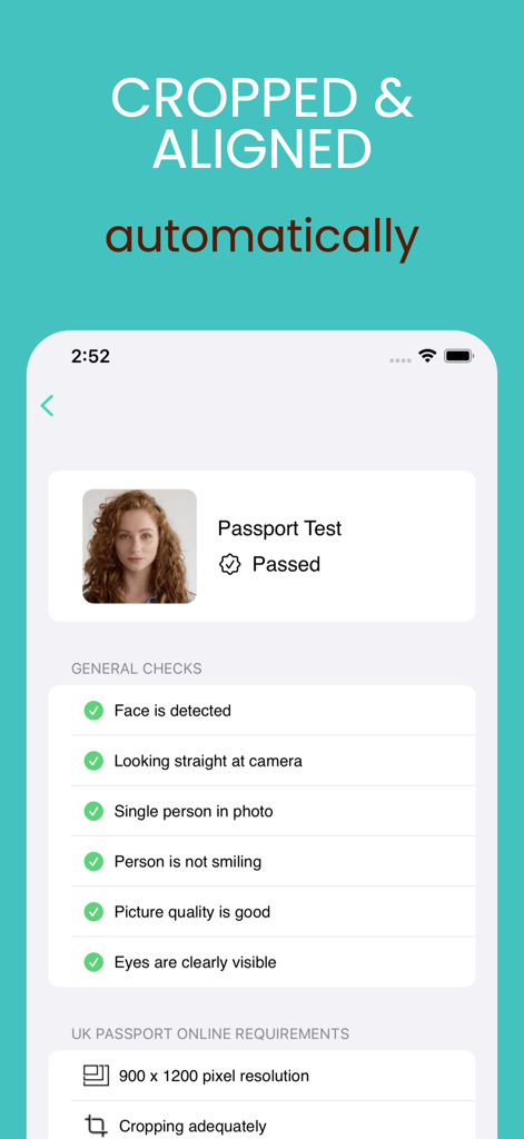 Passport Photo Maker :ID Booth - A screenshot of the Passport Photo Maker app showing automatic cropping and a biometric compliance checklist