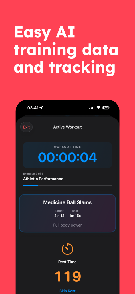 Insane - AI Cal Fit Tracker - Active workout tracking interface of the Insane AI Cal Fit Tracker app showing medicine ball slams and rest timer