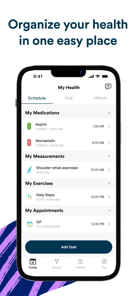Smartphone screen showing the Perx Health app daily schedule with medication and exercise tasks