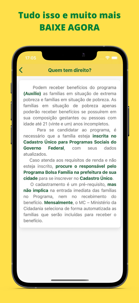 Consulta Bolsa Família - Una pantalla de aplicación móvil en portugués titulada Quem tem direito explicando las reglas de elegibilidad de Bolsa Familia