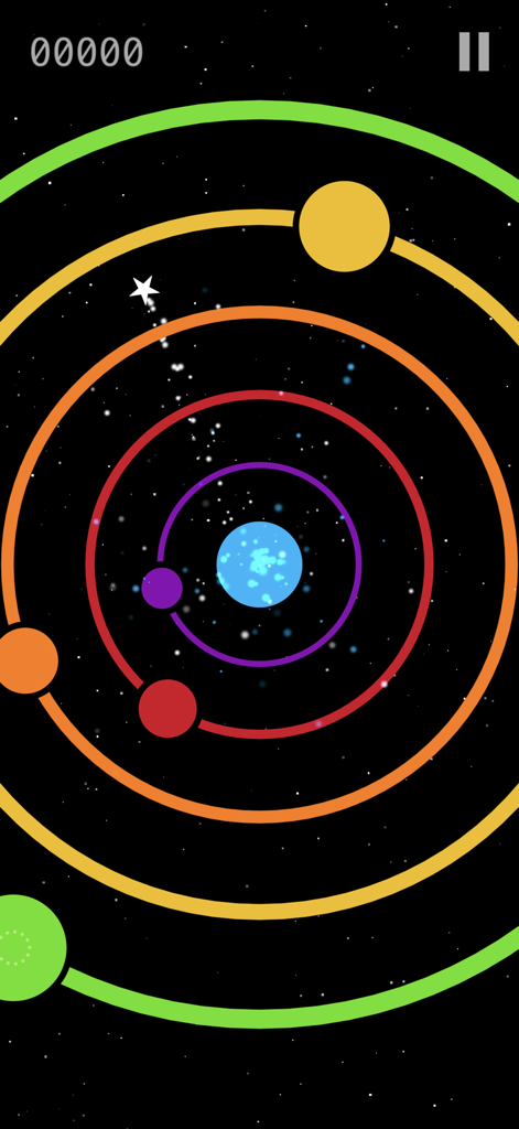 Ring Rush - Pop 'Til You Drop! - Gameplay screenshot of Ring Rush showing colorful concentric rings and a shooting star on a black starry background.