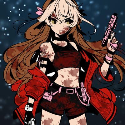 bad girl wearing crop top holding a gun long hair anime