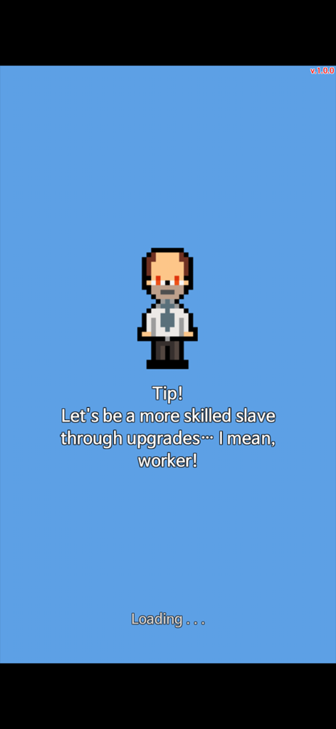 Hombre de negocios pixel art en una pantalla de carga con un consejo satírico sobre ser un trabajador cualificado