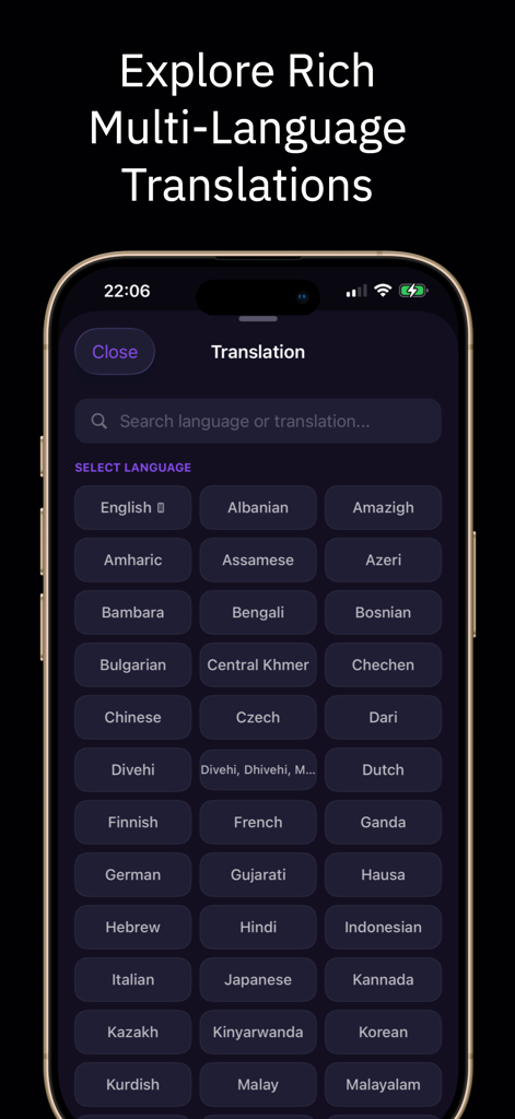 QuranStudio: Quran Clip Maker - Interface of the QuranStudio app displaying a selection of multiple languages for Quranic translations.
