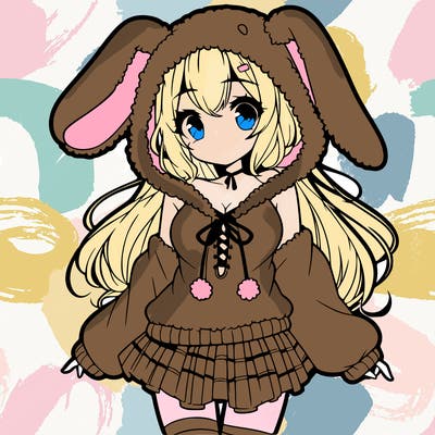 pretty anime girl wearing a fluffy hoodie with bunny ears on the hood and a skirt