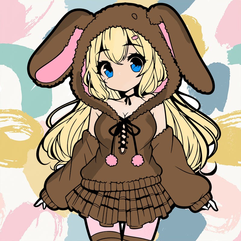 pretty anime girl wearing a fluffy hoodie with bunny ears on the hood and a skirt