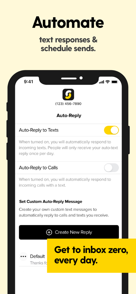 SwitchUp - Second Phone Number - The auto-reply settings screen of the SwitchUp second phone number app for automating text and call responses.
