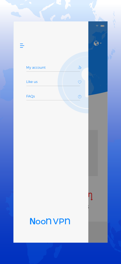 Noon VPN - Menu lateral do aplicativo Noon VPN com configurações de conta e opções de FAQ