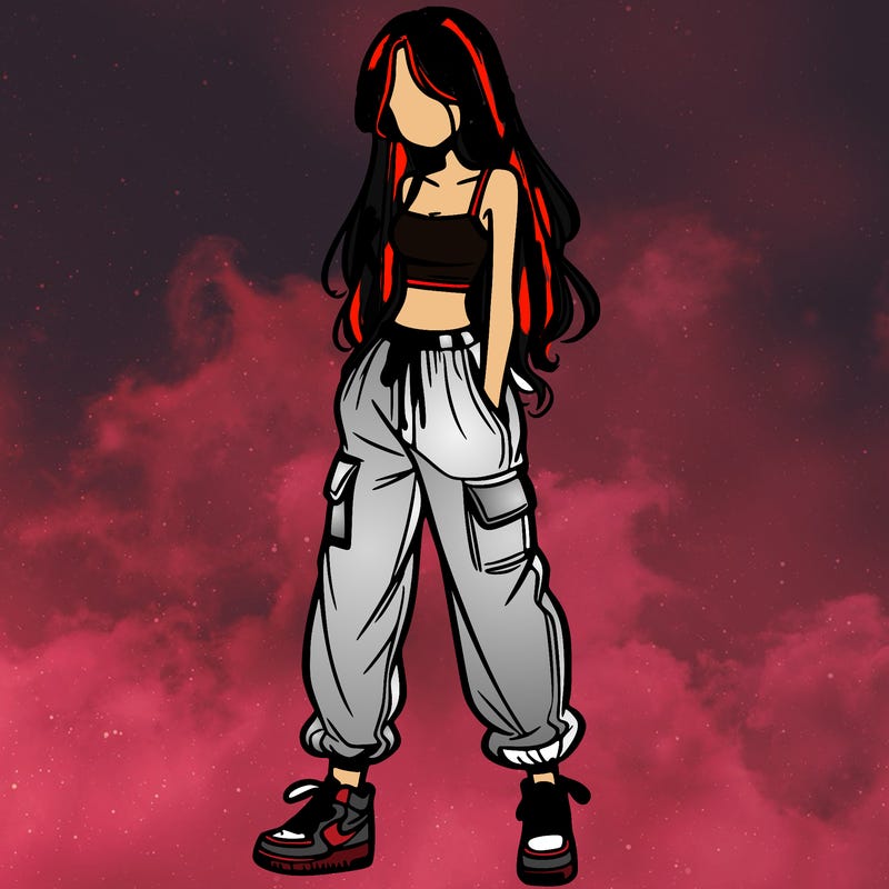 girl in baggy pants crop top and long hair