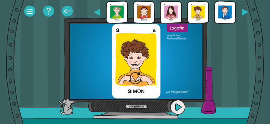 Artikulation - Captura de pantalla de la aplicación Artikulation que muestra a un personaje llamado Simon demostrando un gesto con la mano para entrenamiento de logopedia.