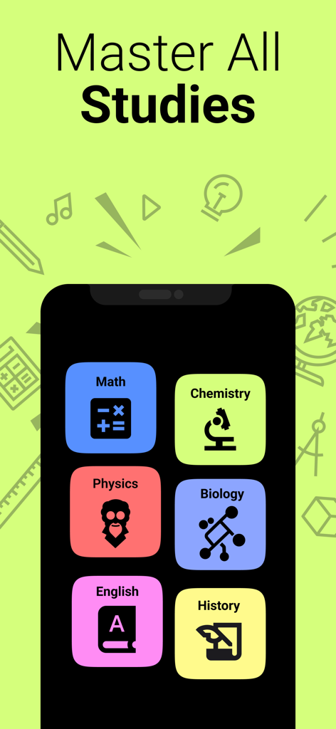 Homework Helper - Wizard AI - 수학, 화학, 물리, 생물, 영어, 역사 아이콘이 포함된 숙제 도우미 앱 과목 선택 화면.