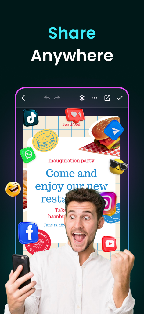 Poster Maker : Flyer Maker - Un homme célébrant tout en partageant un design de flyer de restaurant depuis l'application Créateur d'affiches sur plusieurs plateformes de médias sociaux.