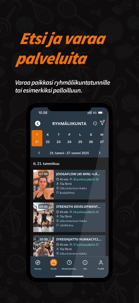Liikuntakeskus Hukka - Interface of the Hukka fitness app showing a schedule of group exercise classes like yoga and strength training for booking
