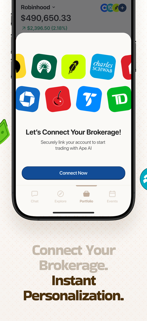 A screen in the Ape AI app prompting users to securely connect their brokerage accounts like Robinhood or Charles Schwab