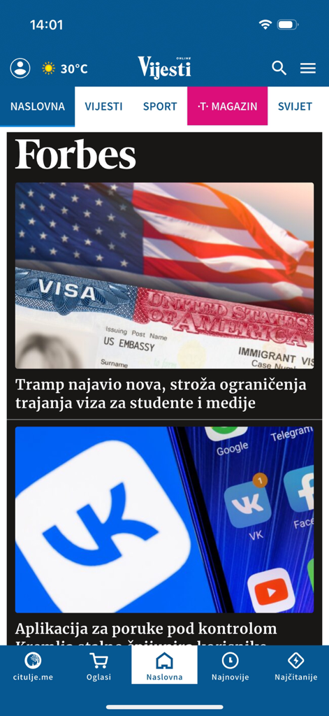 Captura de tela da interface do aplicativo de notícias móvel Vijesti mostrando várias categorias de notícias e artigos em montenegrino