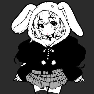 pretty anime girl wearing a fluffy hoodie with bunny ears on the hood and a skirt