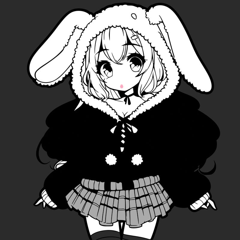 pretty anime girl wearing a fluffy hoodie with bunny ears on the hood and a skirt