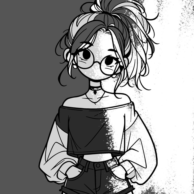 girl with a messy ponytail glasses a baggy crop top and jean shorts