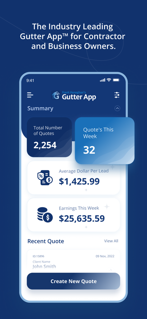 Gutter App dashboard showing business summary including total quotes, weekly earnings, and average dollar per lead.