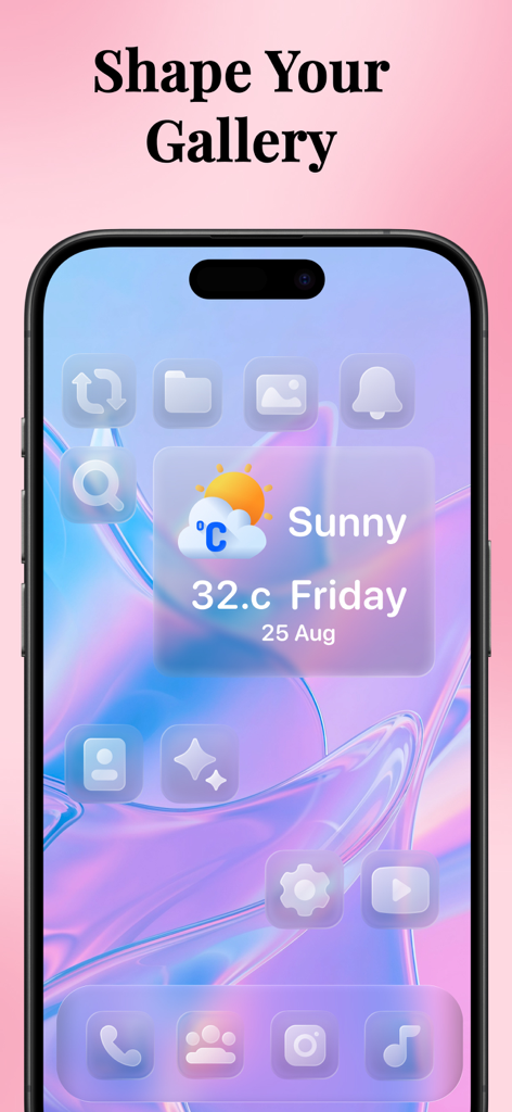 A glassmorphism style iPhone home screen with a weather widget and custom app icons
