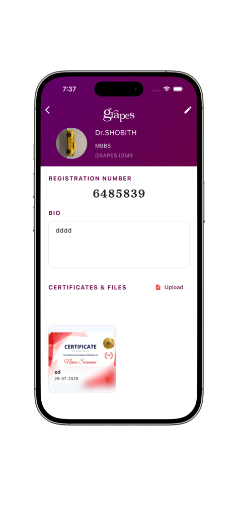 Doctor G - Una pantalla de perfil de médico en la aplicación Doctor G que muestra detalles de registro y certificados médicos cargados