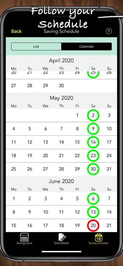 Savings Goals Pro - Savings Goals Pro app showing a monthly saving schedule calendar with highlighted dates