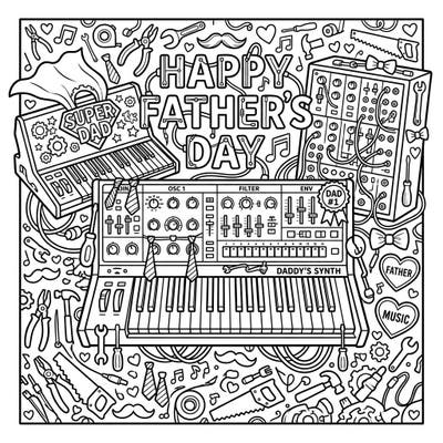 Tune into creativity this Father's Day with a fantastic synthesizer coloring page! Featuring cool musical instruments adorned with 'Super Dad' themes and surrounded by festive tools, it's the perfect way to show appreciation.