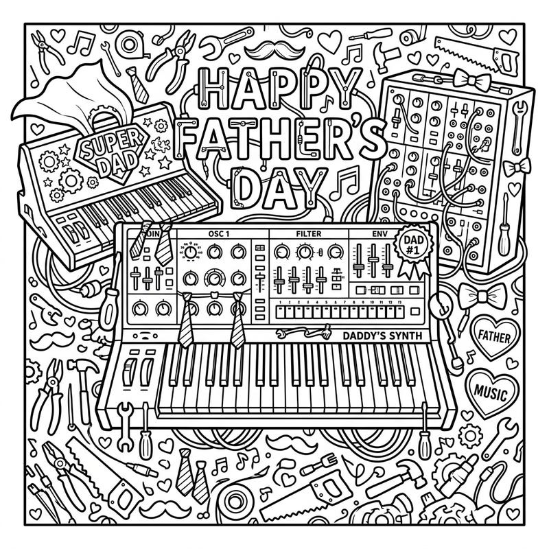 Tune into creativity this Father's Day with a fantastic synthesizer coloring page! Featuring cool musical instruments adorned with 'Super Dad' themes and surrounded by festive tools, it's the perfect way to show appreciation.