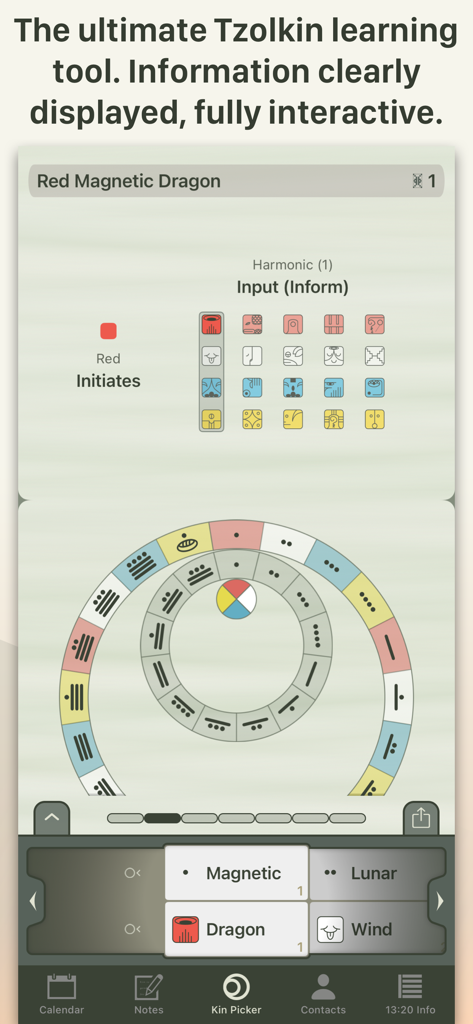 13:20:Sync - 13 20 Sync app interface showing Mayan calendar symbols and Kin Picker