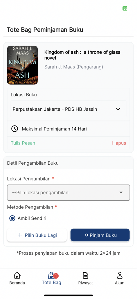 Jaklitera mobile app screen showing a book added to the borrowing cart with pickup and location options