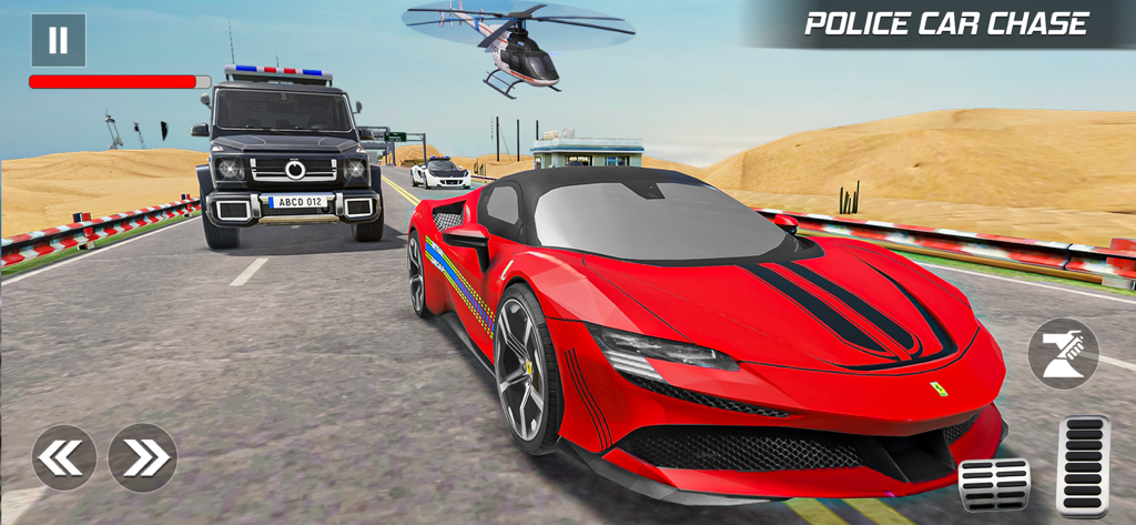 Police Car Games: Police Games - Un coche deportivo rojo durante una persecución policial a alta velocidad con un helicóptero sobrevolando en un entorno desértico