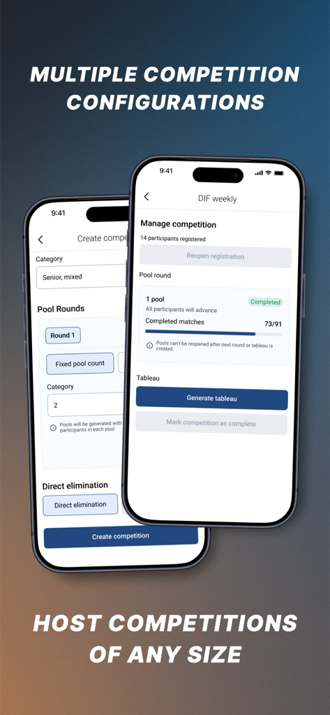 Fencer - Two mobile screens from the Fencer app showing tournament configuration settings and real-time management of a fencing competition.