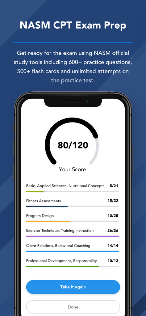 Practice test results for NASM CPT certification exam preparation