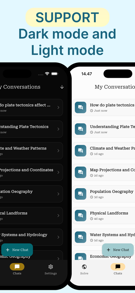 Geography AI Homework Helper app interface comparison between Dark Mode and Light Mode