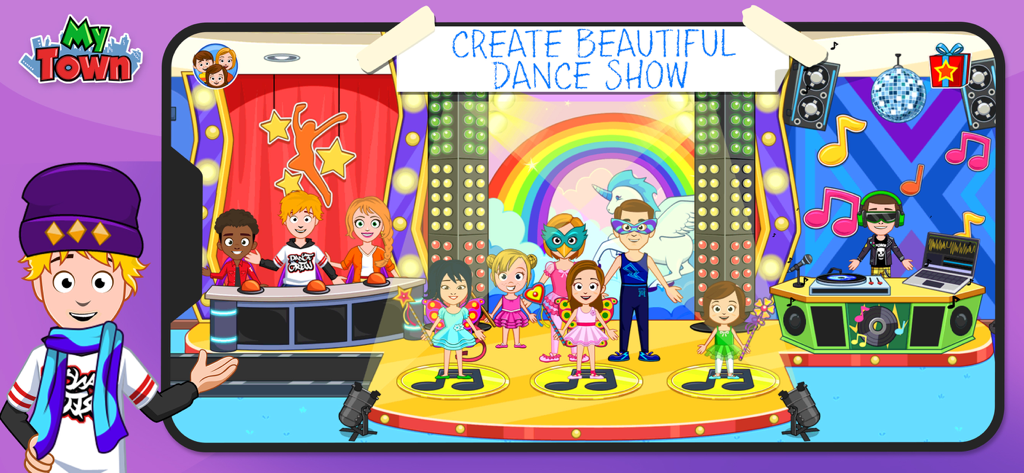 Personaggi bambini che si esibiscono su un colorato palco da ballo con uno sfondo arcobaleno in My Town Dance School Stories