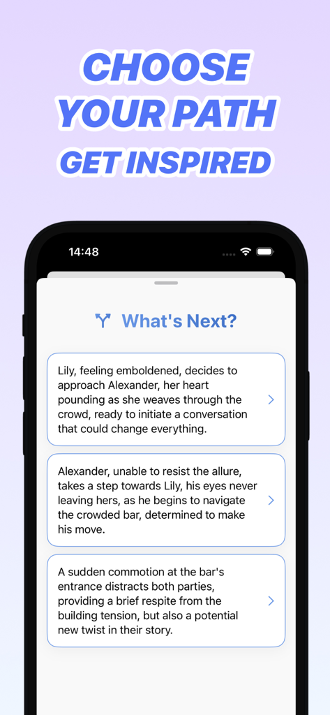 Uncensored AI - InkPal - A smartphone showing interactive story path choices in the InkPal AI app interface under a What's Next heading.