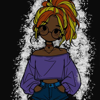 girl with a messy ponytail glasses a baggy crop top and jean shorts