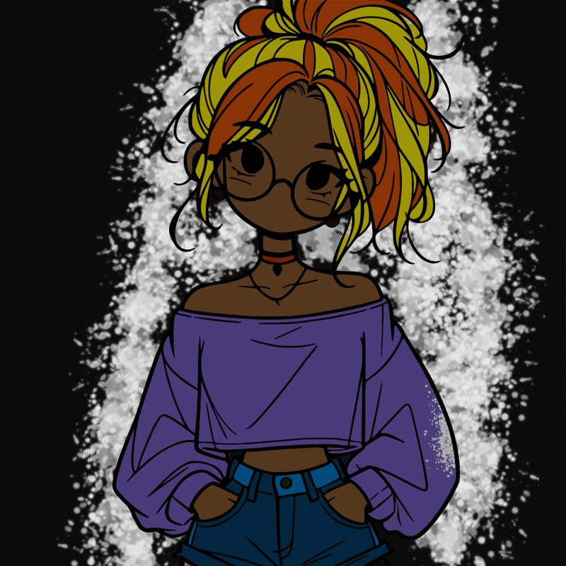 girl with a messy ponytail glasses a baggy crop top and jean shorts