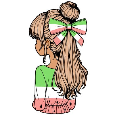 realistic girl  with hip length hair a bun and a big bow on the back of head