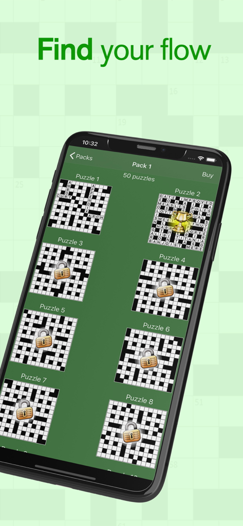 Puzzle selection menu in the Best Cryptic Crosswords app showing completed and locked puzzle packs