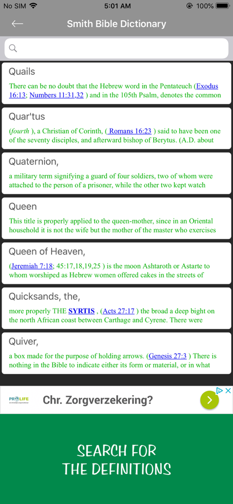 Interface de l'application mobile montrant les entrées alphabétiques du dictionnaire biblique commençant par la lettre Q