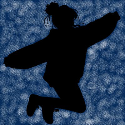 realistic girl jumping with a bun and oversized sweatshirt