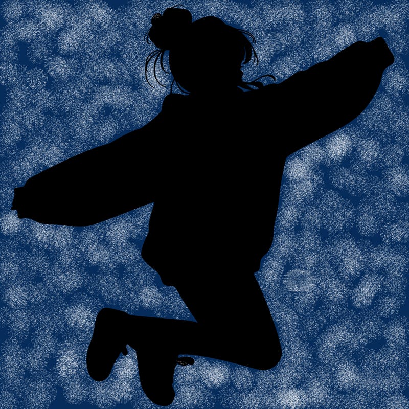 realistic girl jumping with a bun and oversized sweatshirt