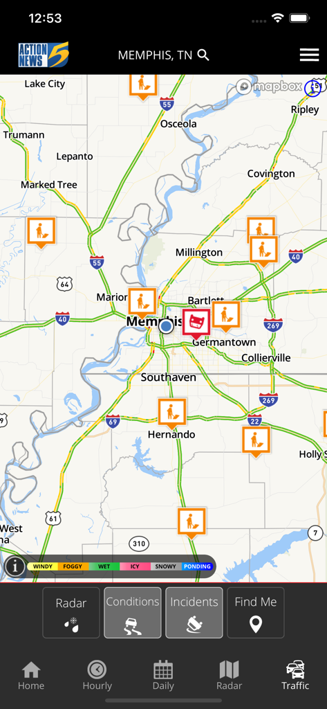 WMC5 First Alert Weather - A map of Memphis showing real-time traffic conditions and road construction alerts in the WMC5 First Alert Weather app.