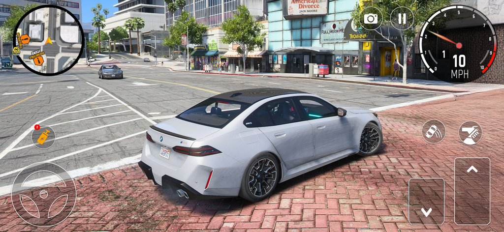 Car Driving City Racing Games - A white luxury sports car driving on a city street in a mobile 3D racing simulator.