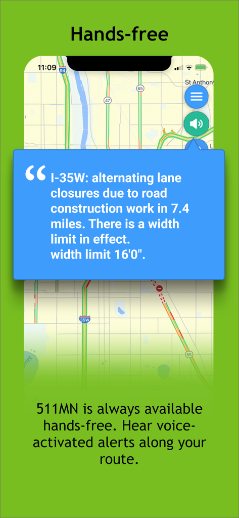 Minnesota 511 mobile app screen displaying the hands-free audio alerts feature with a voice notification about lane closures on I-35W